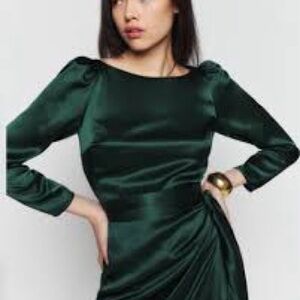 Reformation Caspian silk waist tie Green Satin Dress NWT Never Worn